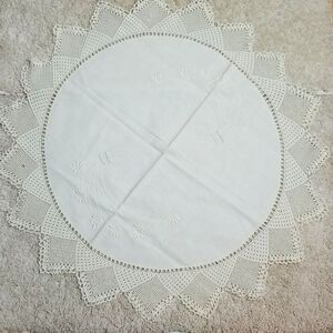 36" Vintage Ivory Round Embroidery + Crochet Table Cloth